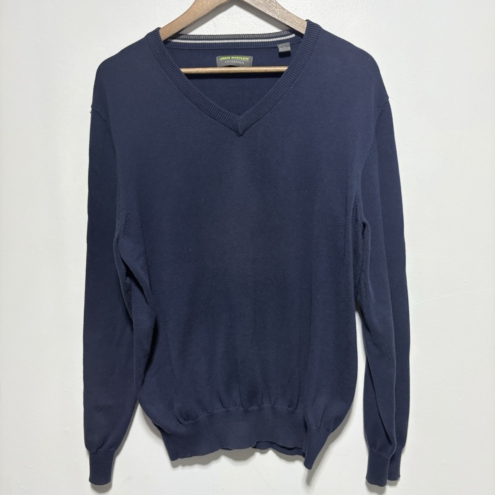 John Bartlett Sweater Mens L Blue Cotton Consensus V Neck Preppy Pullover